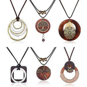 Boho 6-Pc Long Pendant Necklaces Set for Women Vintage Wood Feather Peace